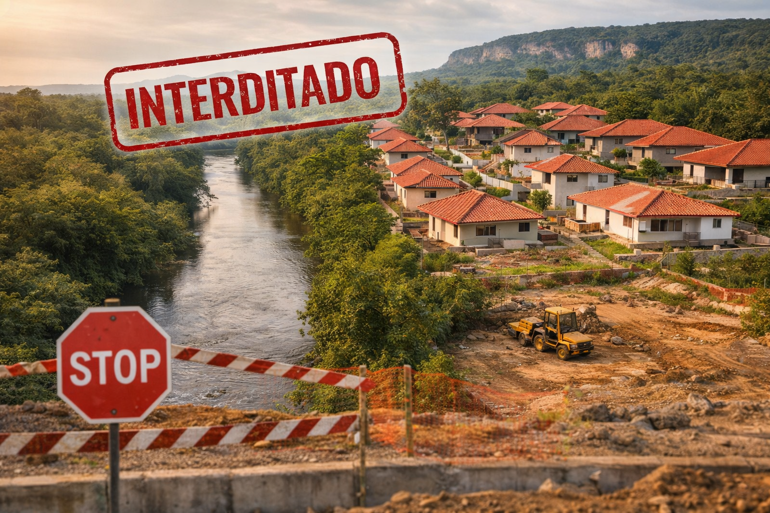 Empreendimento residencial em construção às margens de rio com obras irregulares e área embargada,