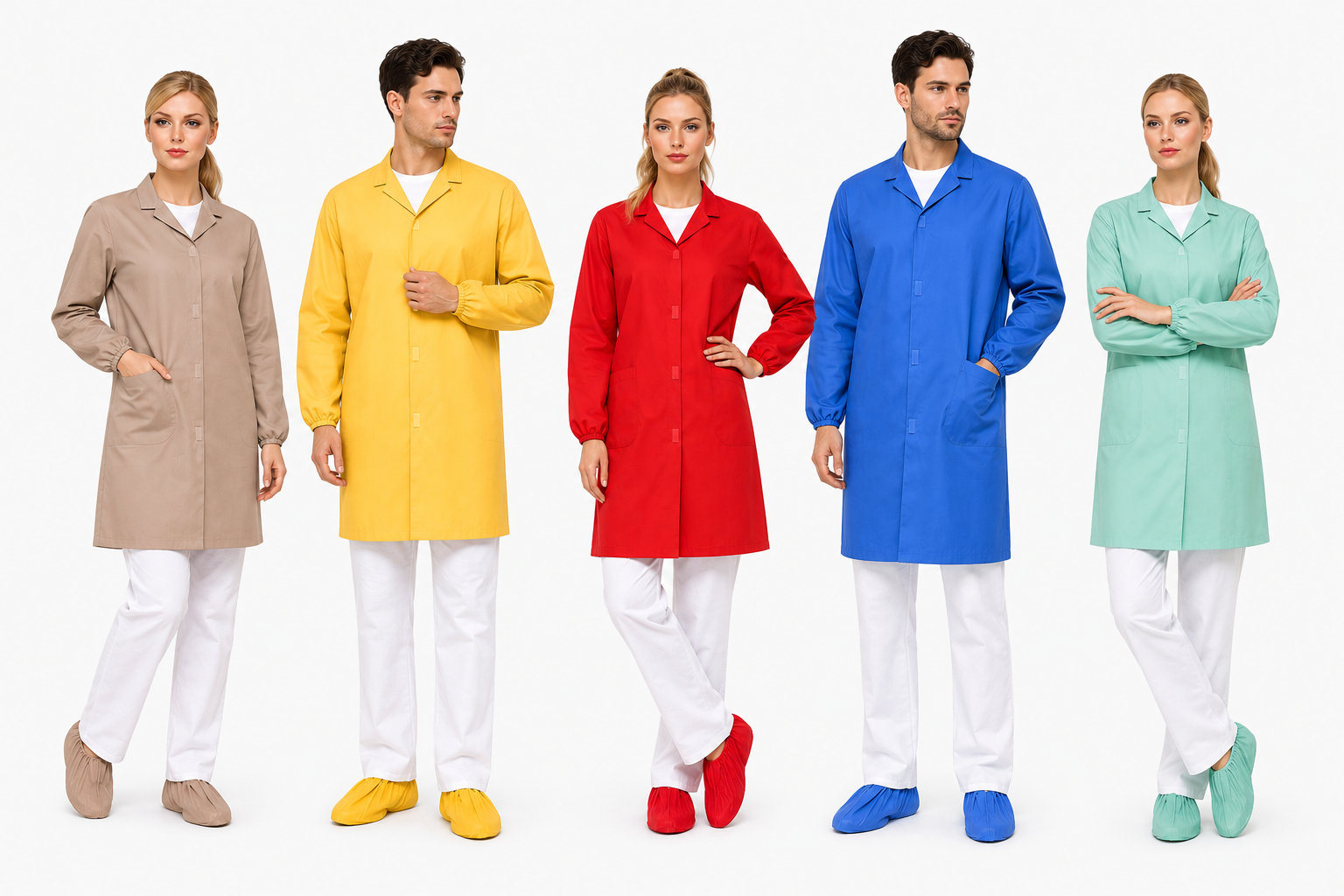 Models wearing colorful industrial workwear lab coats and protective shoe covers against a white background.