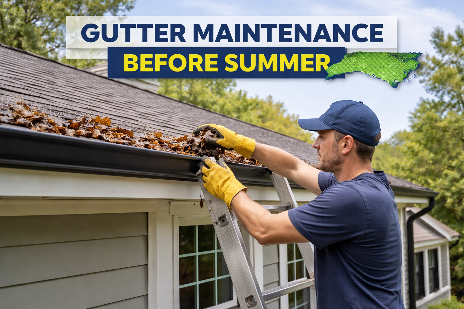 professional gutter cleaning service in Durham NC removing debris from clogged gutters