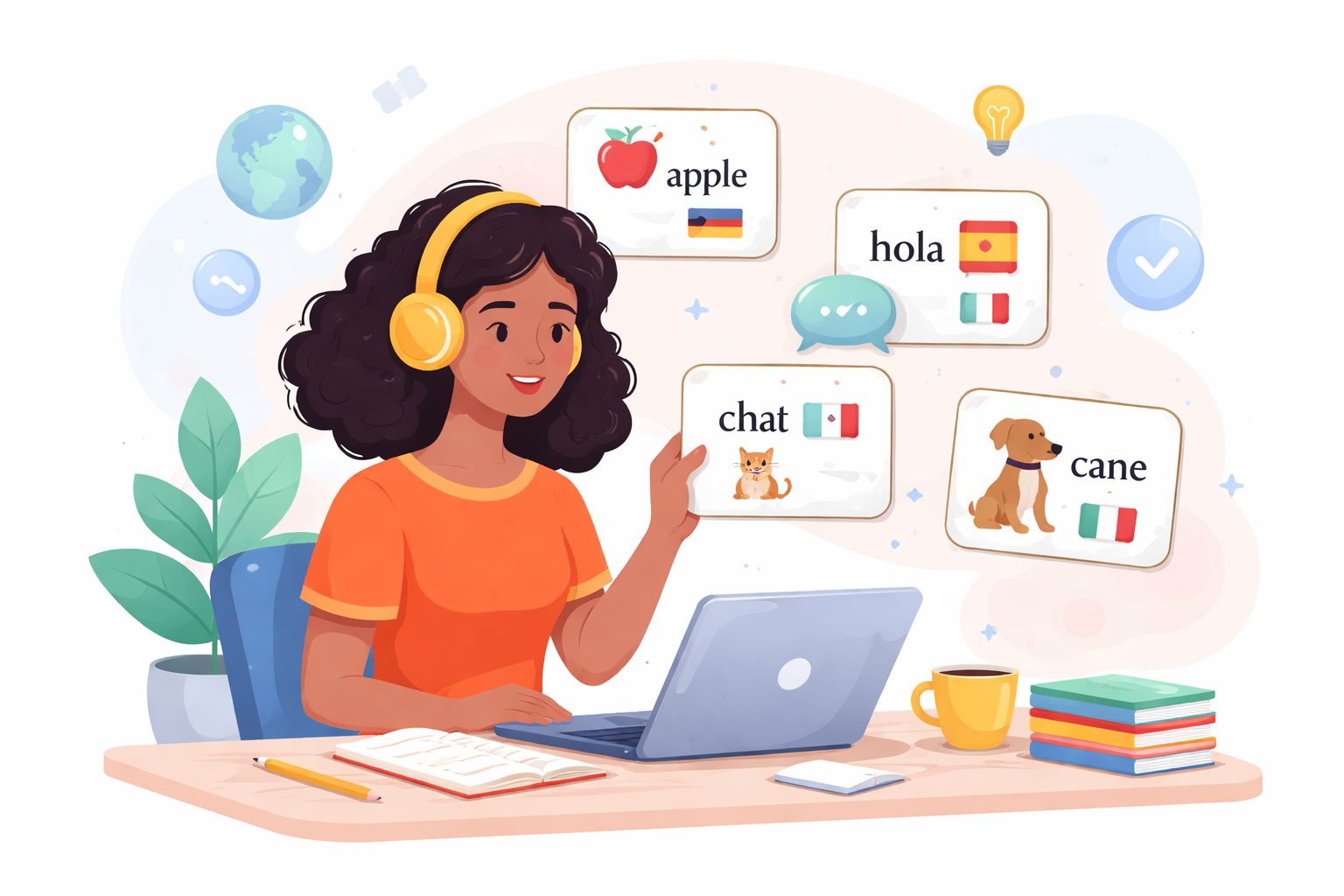 Illustration of a woman studying language flashcards at her desk. Floating flashcards, representing modern microlearning.