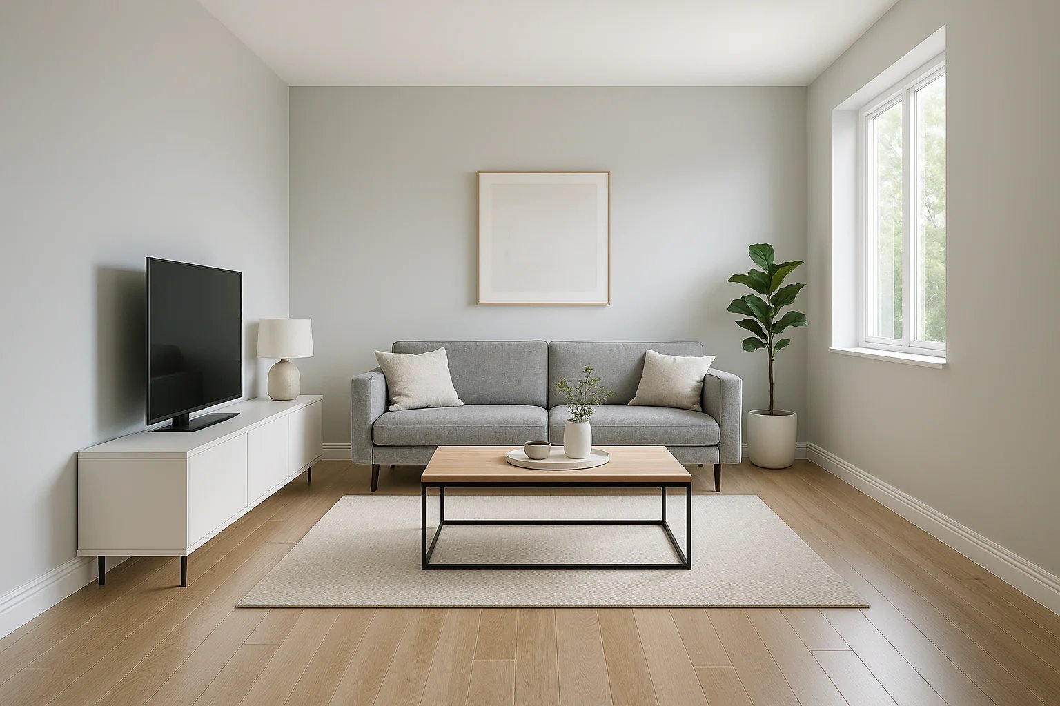 Modern room with hardwood flooring and white baseboards.