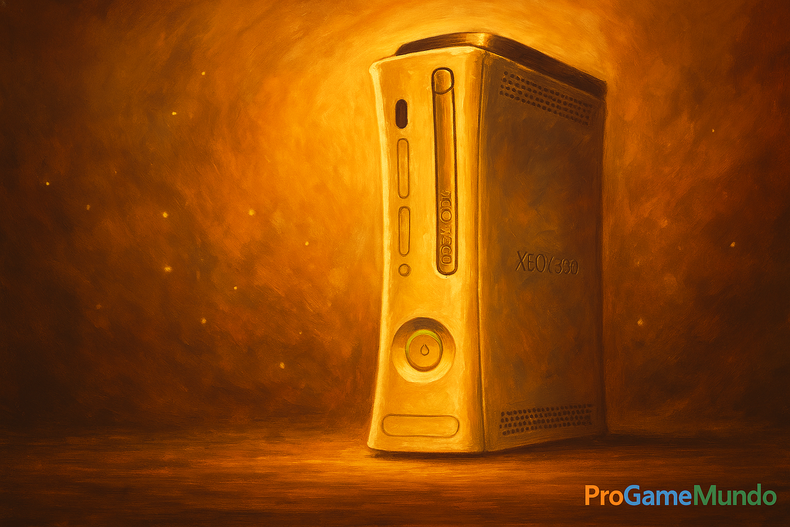 Xbox 360 em pintura dourada representando homenagem e legado histórico do console.