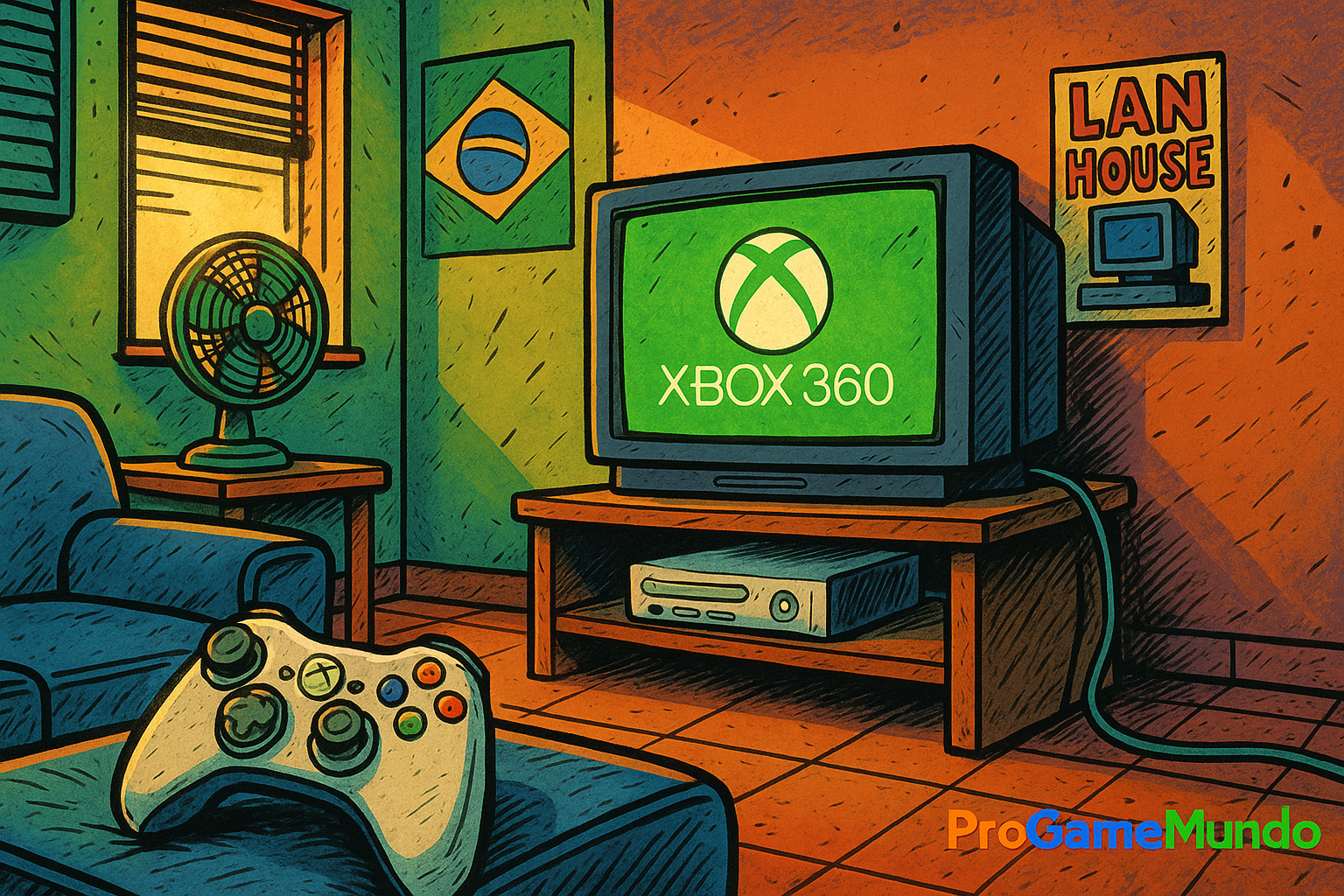 Cena HQ mostrando um ambiente gamer brasileiro com Xbox 360, TV de tubo e ícones culturais.