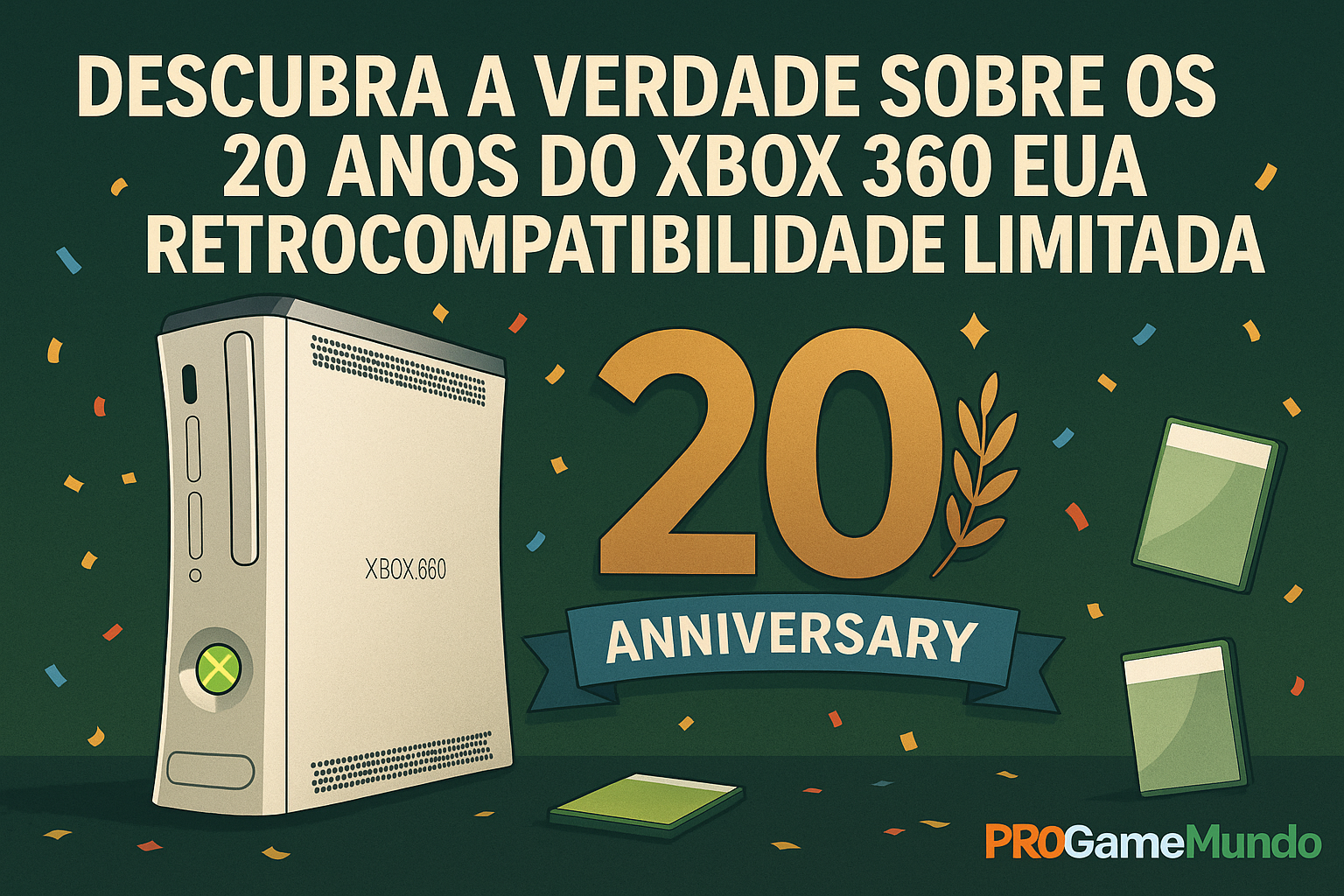 Jogos do Xbox 360 se desfazendo ao lado do console, simbolizando retrocompatibilidade perdida.