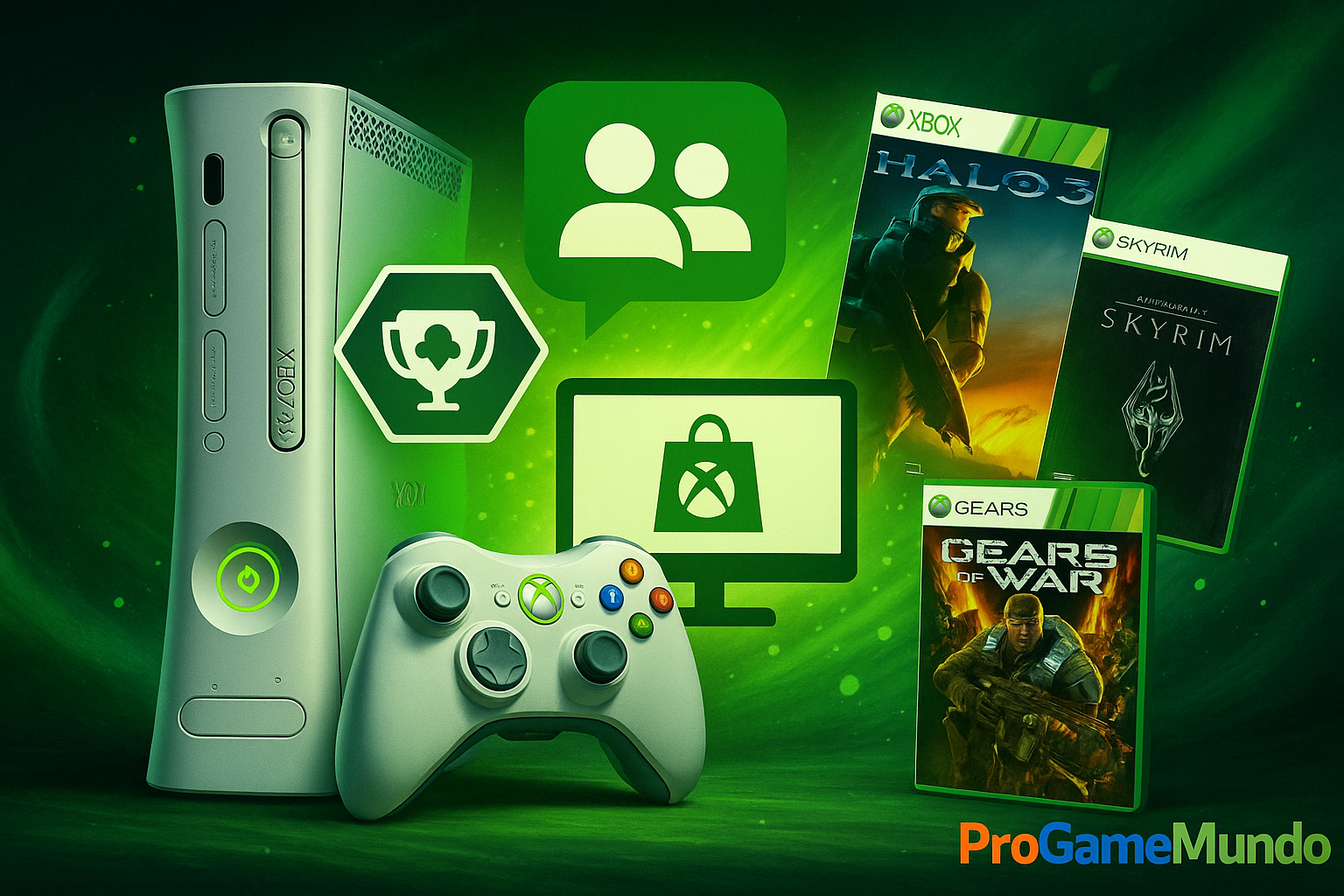 Montagem digital com Xbox 360, achievements, party chat e jogos icônicos que simbolizam seu legado.