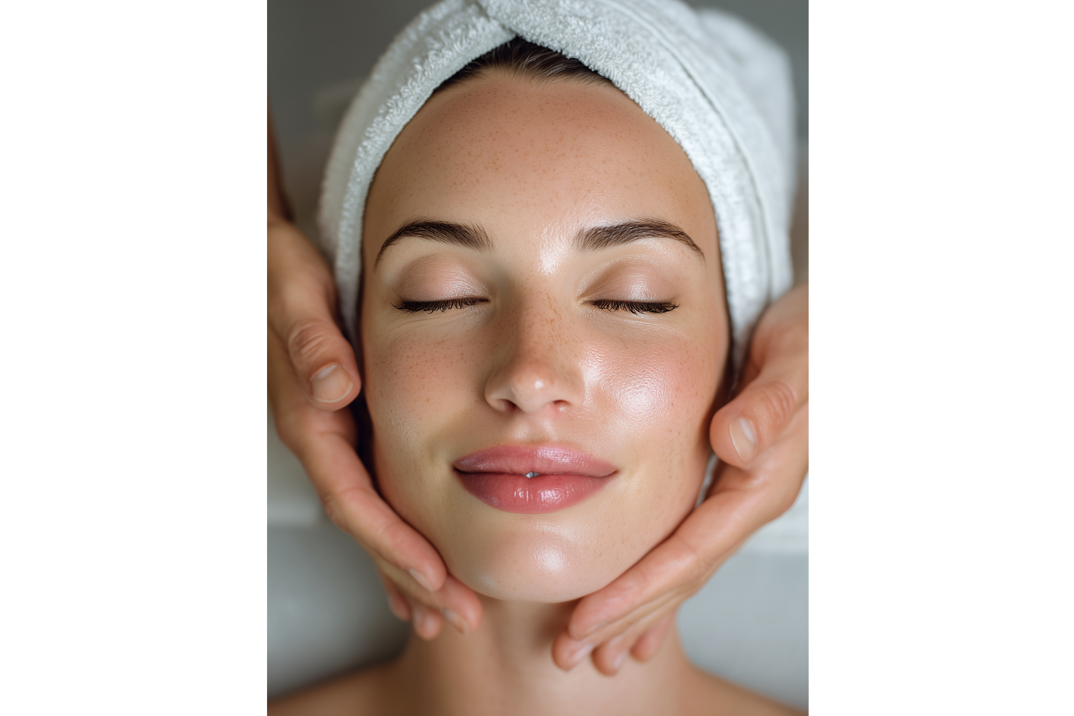 A woman with glowing skin receives a relaxing facial massage at a luxury spa.