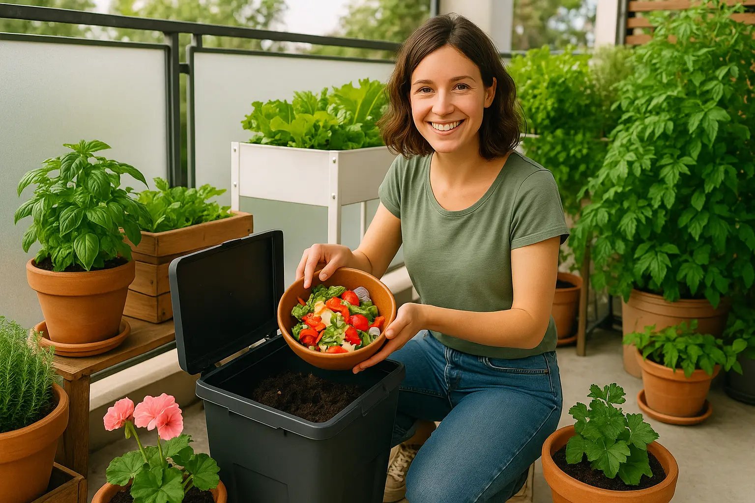 composteur sur un balcon entouré de plantes en pots, illustrant le compostage urbain.