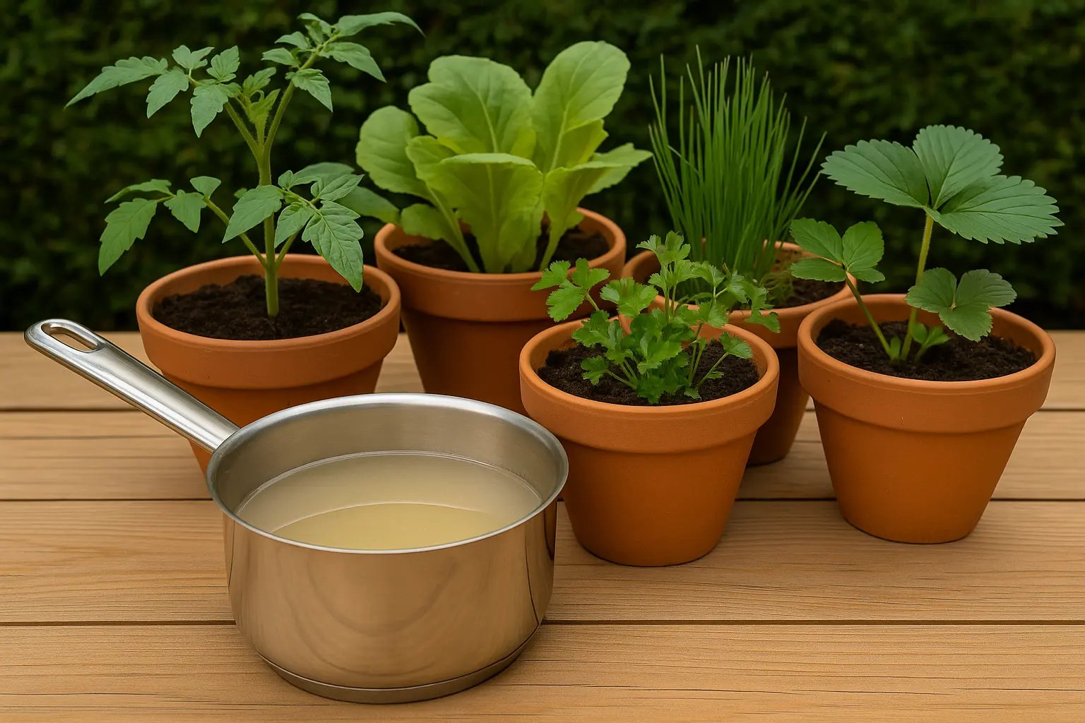 Arrosage de plantes en pot sur un balcon avec de l’eau de cuisson refroidie