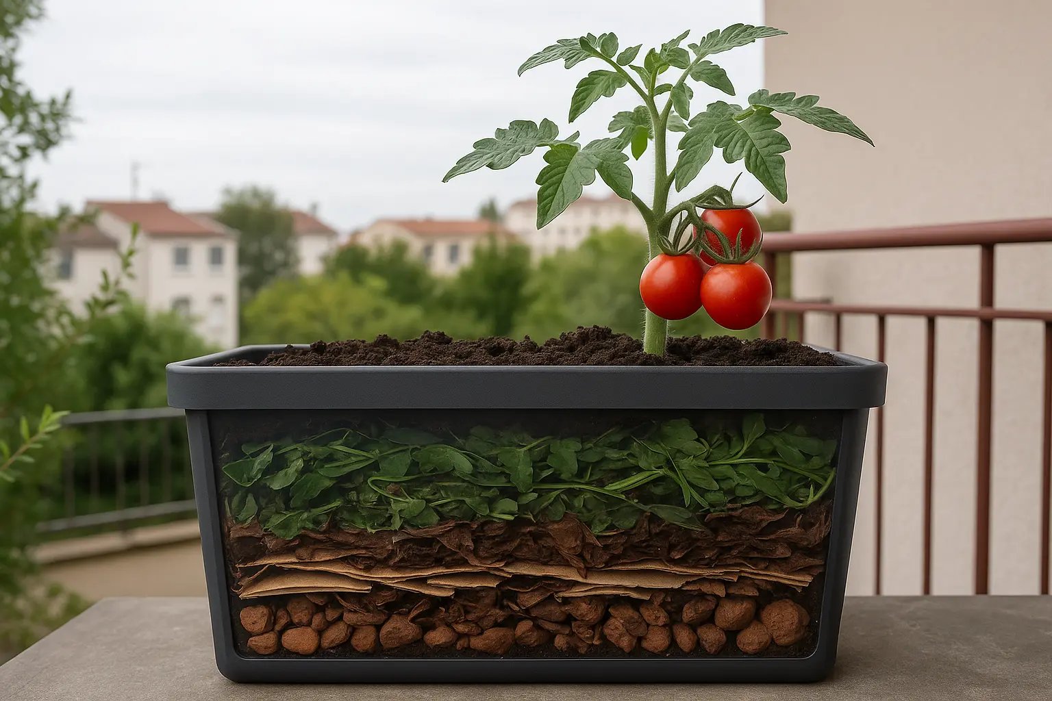 Pot de culture en lasagnes sur un balcon, montrant les différentes couches de matières organiques