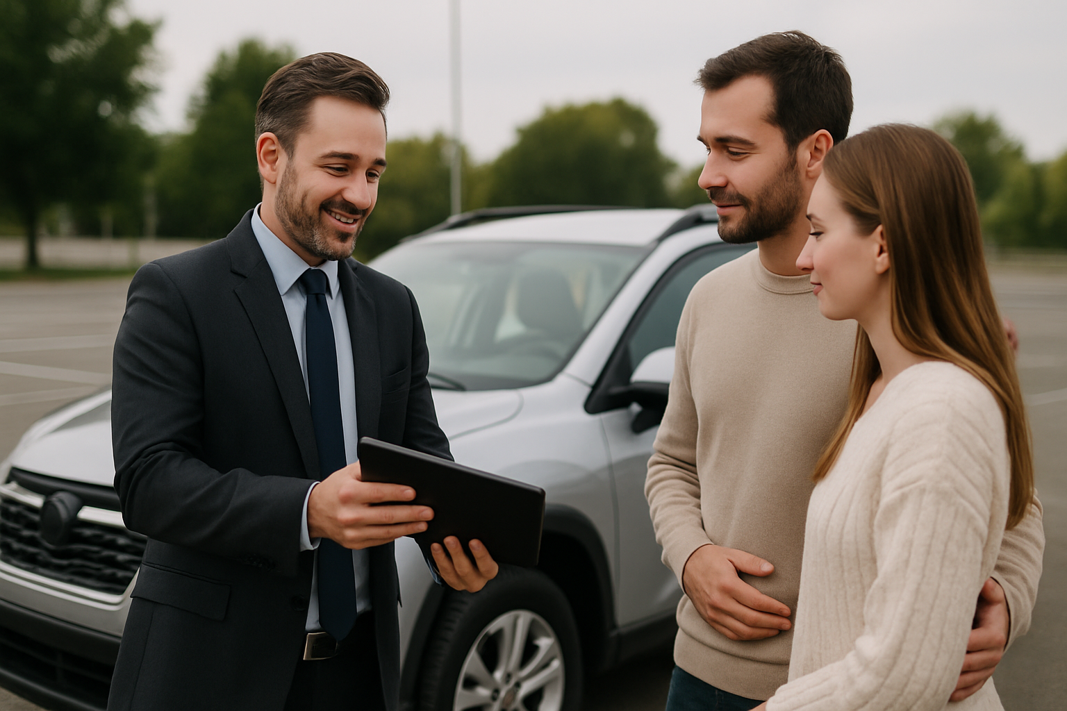 Doradca PDU omawia z klientami ofertę ubezpieczenia AC przy samochodzie