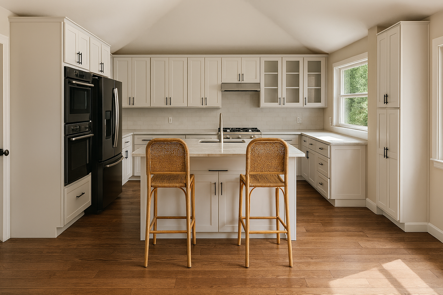 a kitchen with two chairs and a counter top