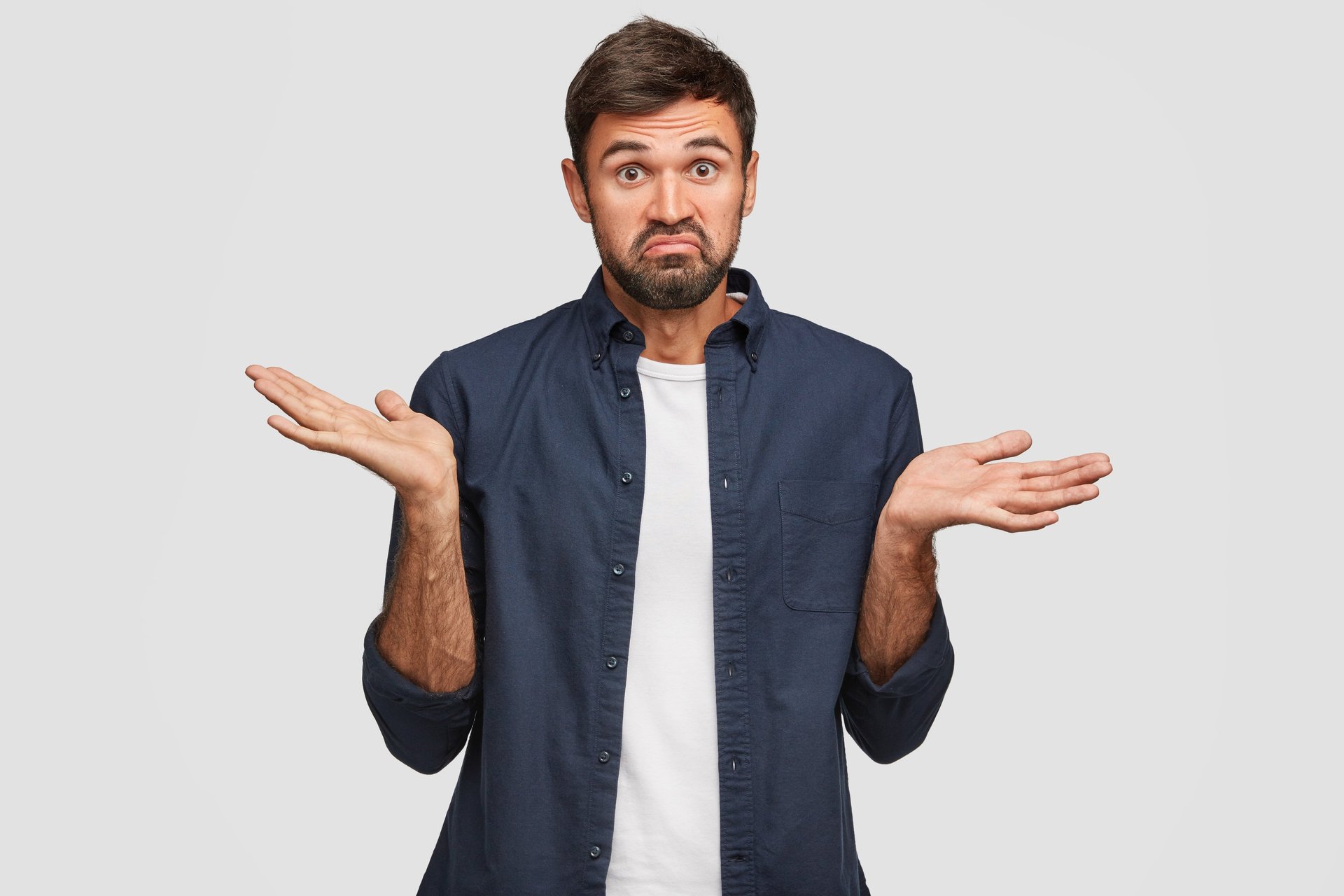 a man with a beard and a beard, holding his hands out and looking surprised