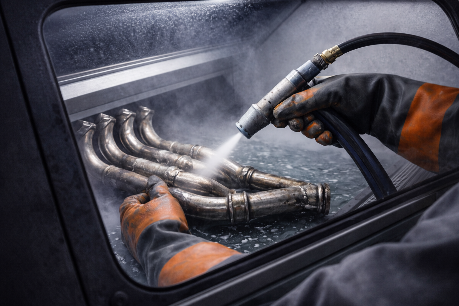 Nettoyage d’un collecteur d’échappement moto dans une cabine de vapor blasting, avec projection humide et gants intégrés.