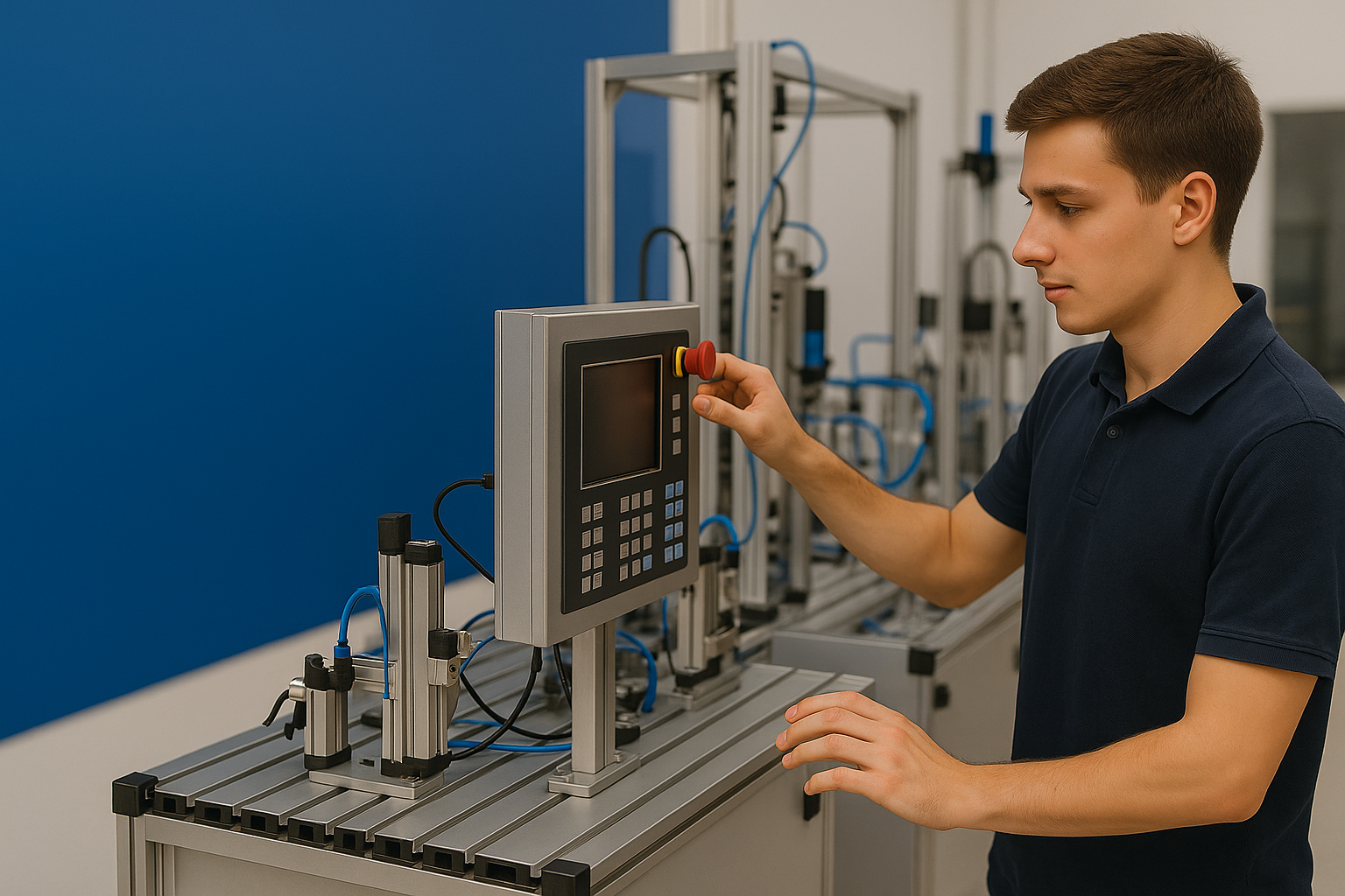 a man in a blue shirt is holding a red button