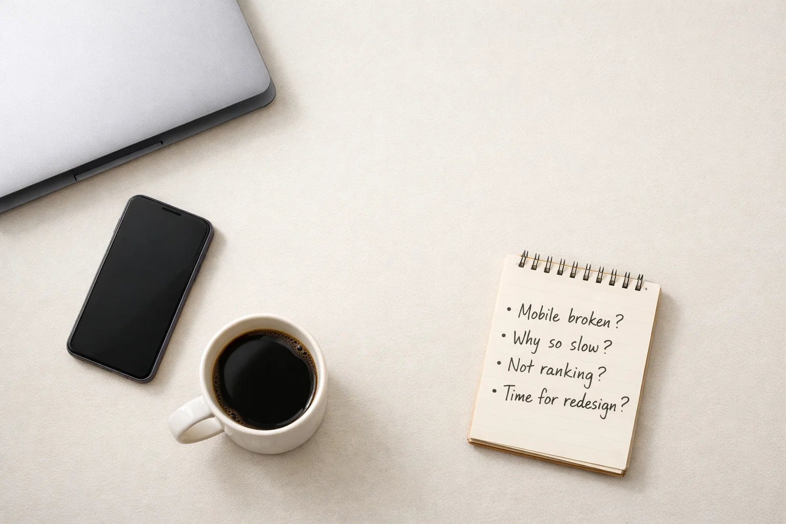 Notebook with checklist asking if a website is slow, not ranking, or needs redesign.