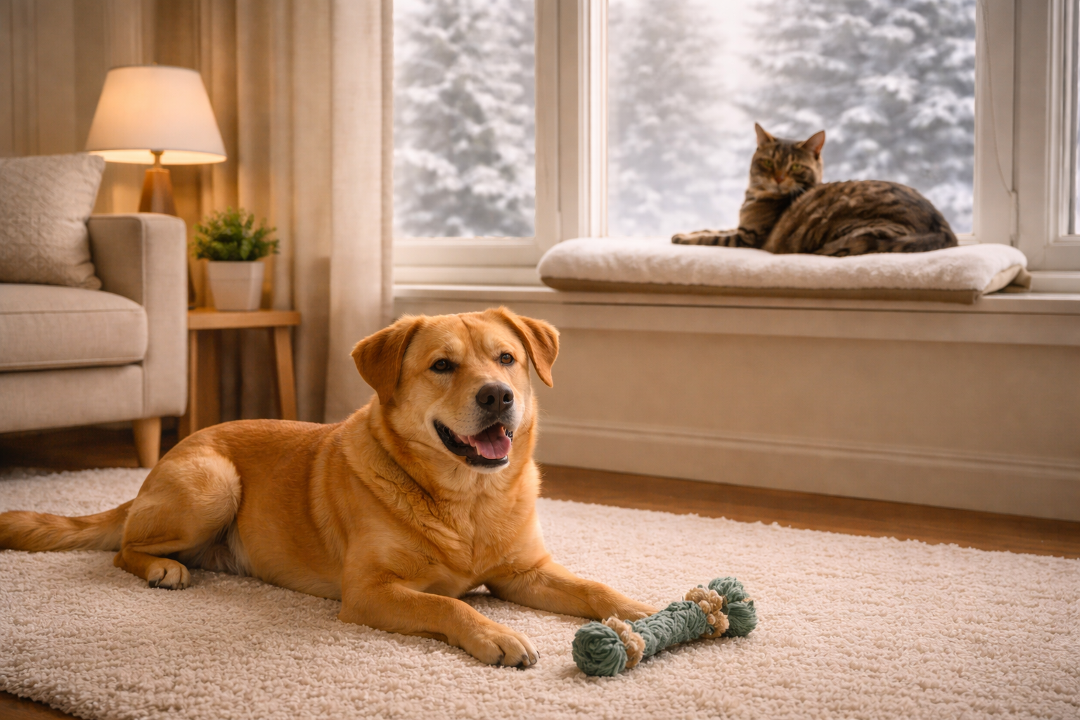 Dog and cat relaxing indoors during winter in Burlington.