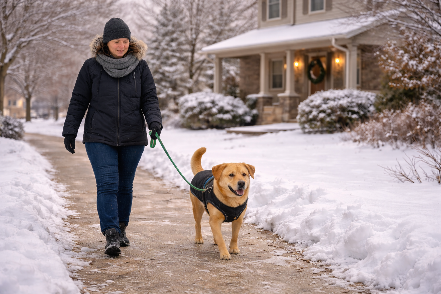 Dog being walked in winter by a professional pet sitter in Burlington