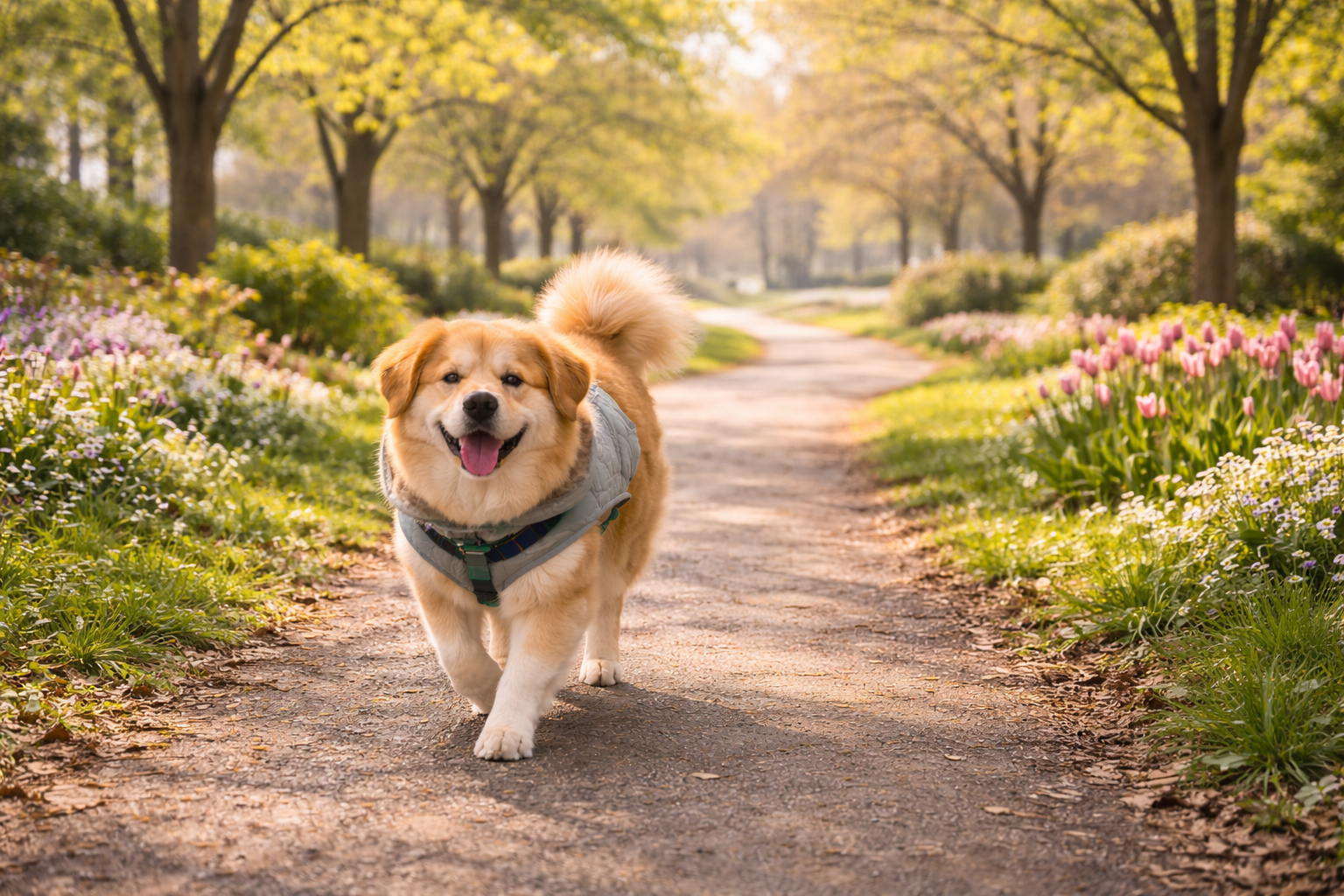Dog enjoying a daily spring walk in Burlington park.