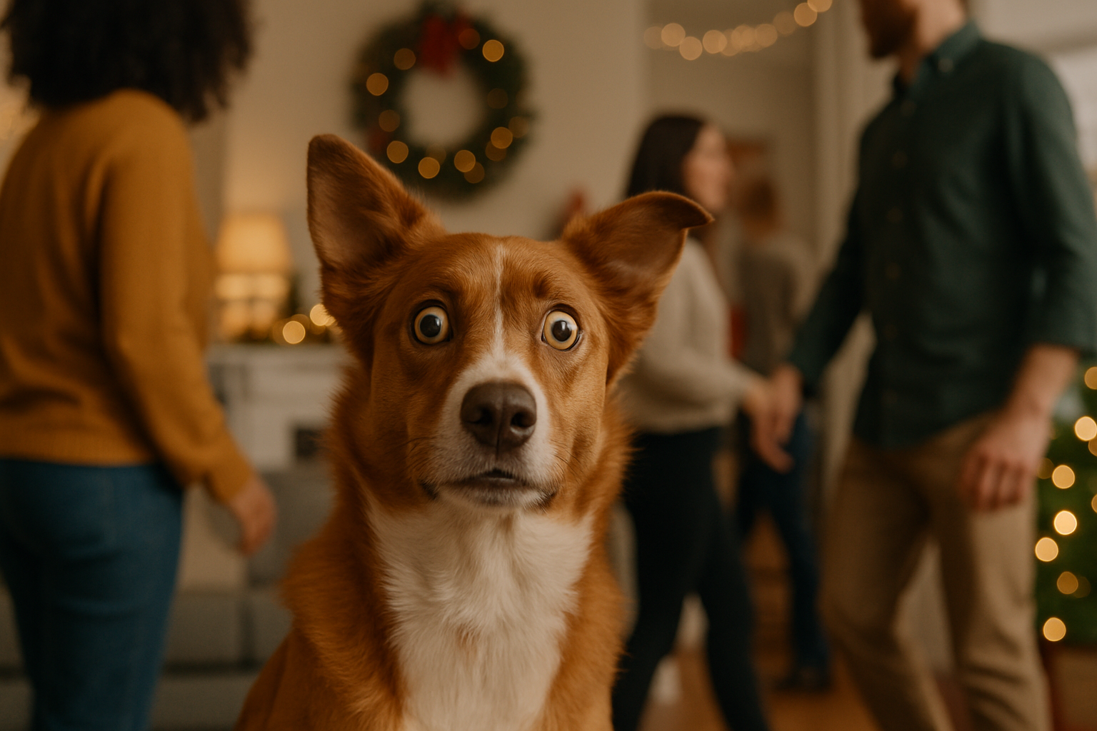 Dog feeling alert with holiday guests nearby.