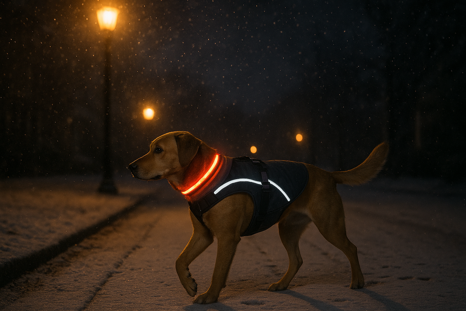Dog wearing reflective harness and LED collar on a safe winter night walk in Burlington