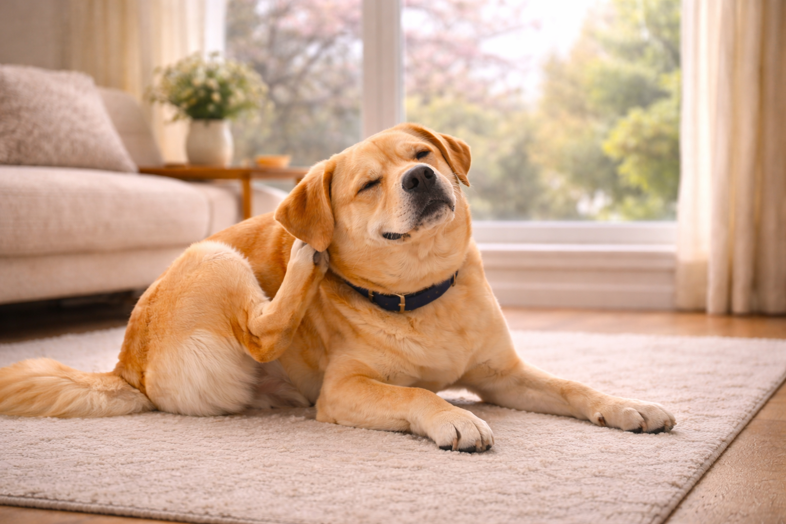 Dog scratching due to seasonal allergies indoors.