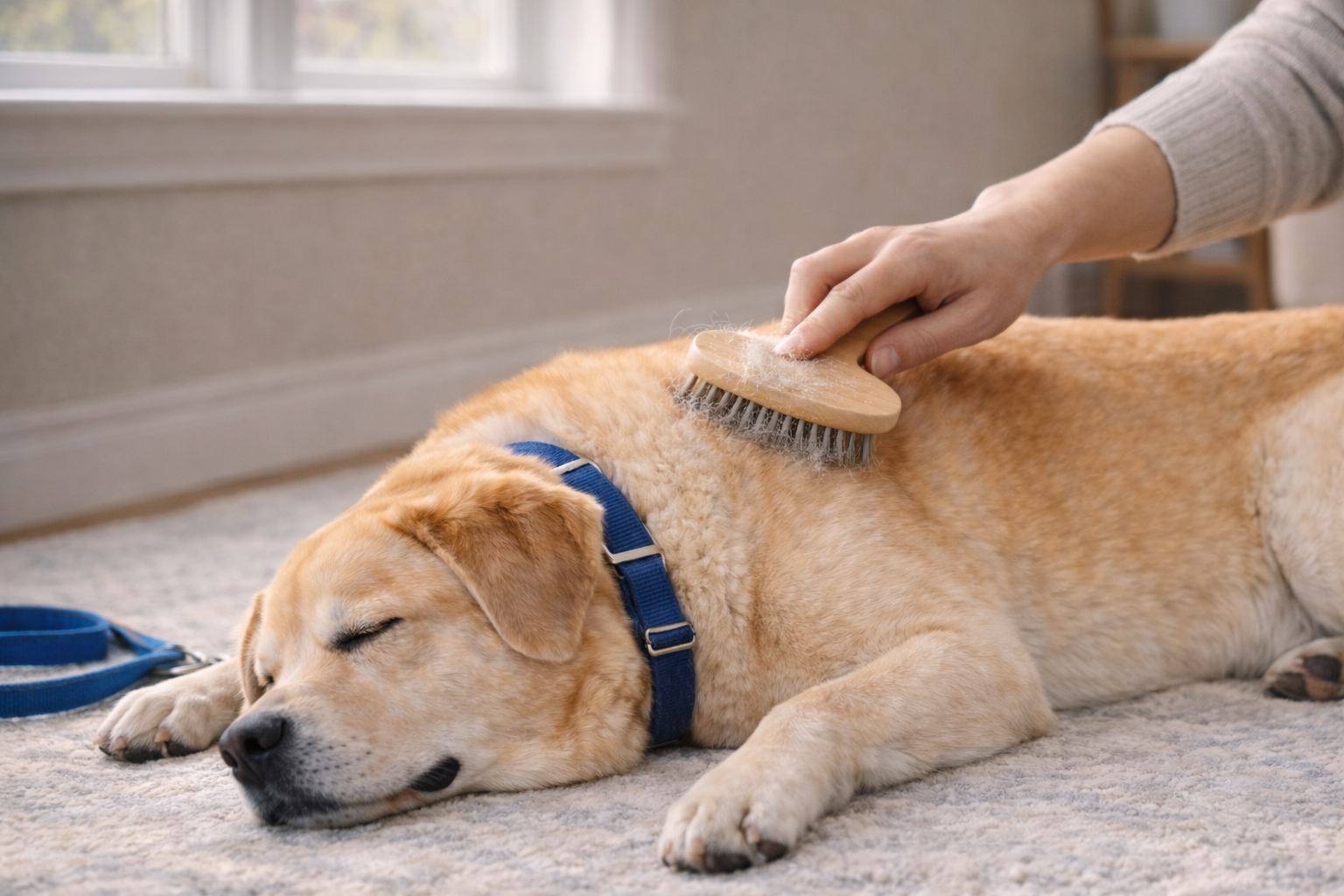 Dog being brushed during spring shedding season.