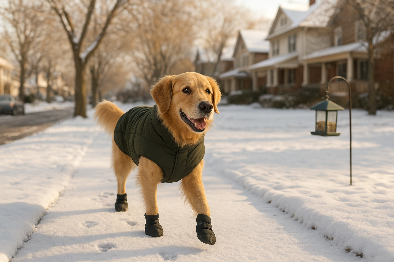 Dog wearing winter jacket and booties walking safely on a snowy Burlington sidewalk