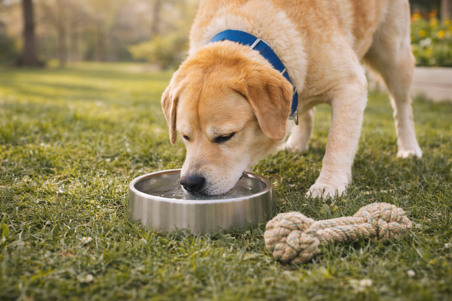 Dog drinking from reusable bowl outdoors.