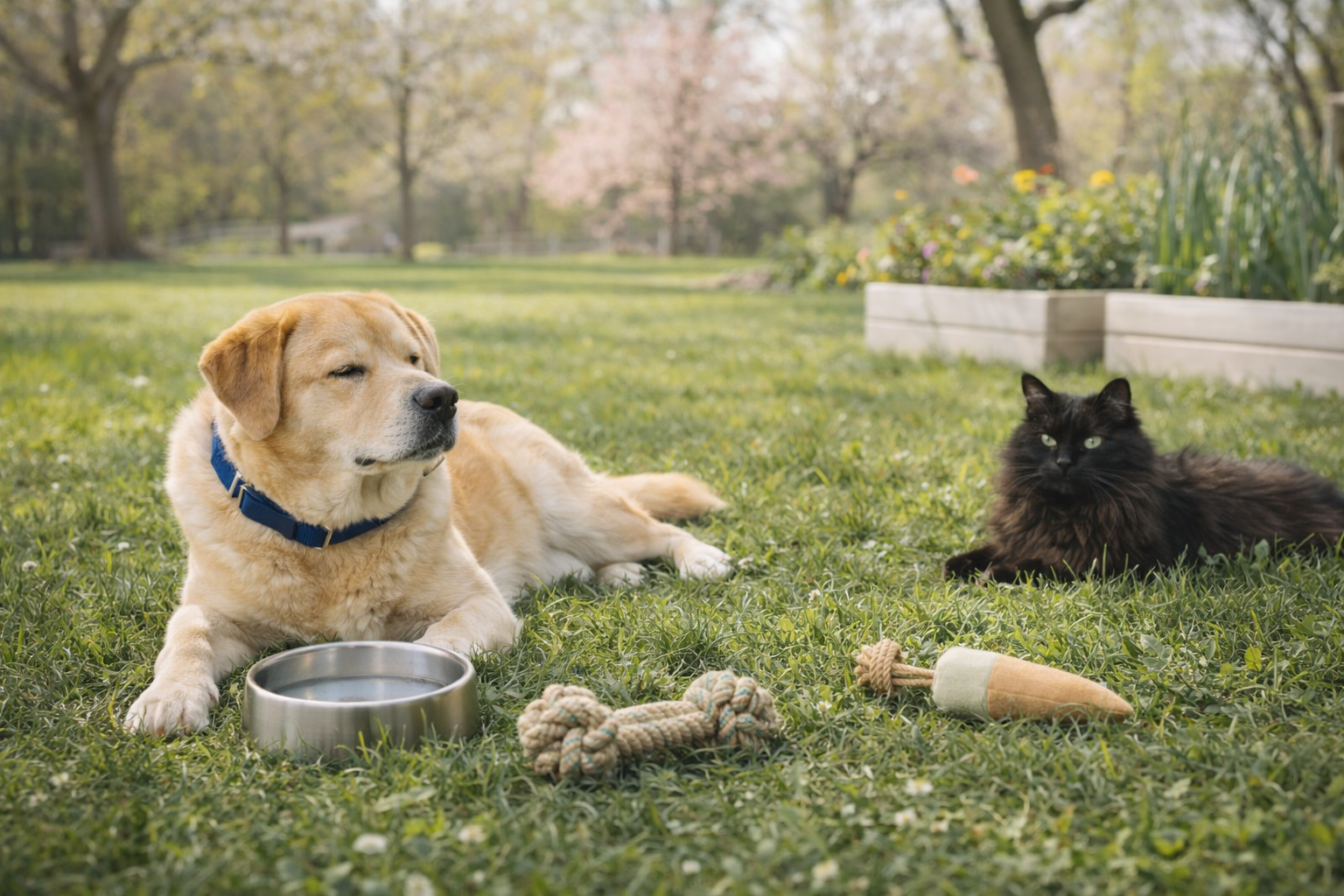 Dog and cat relaxing outdoors during Earth Day spring season.