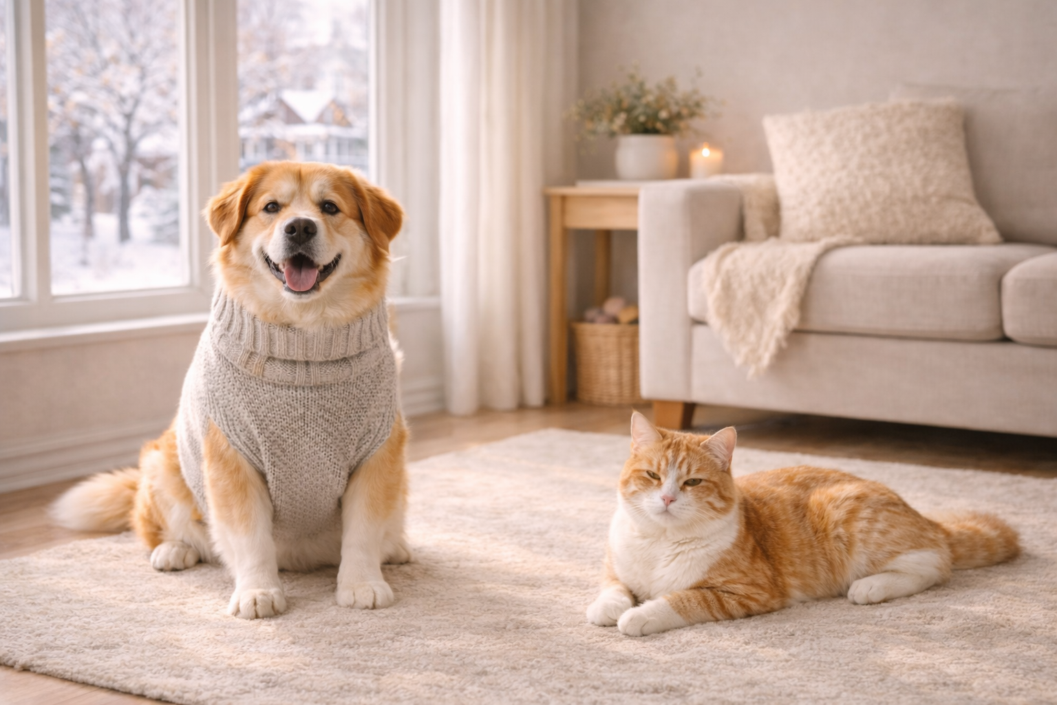 Dog and cat staying warm during winter in Burlington