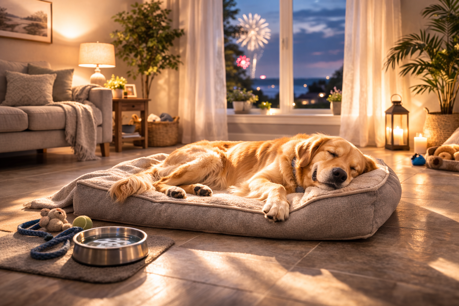 Dog resting indoors during fireworks night.