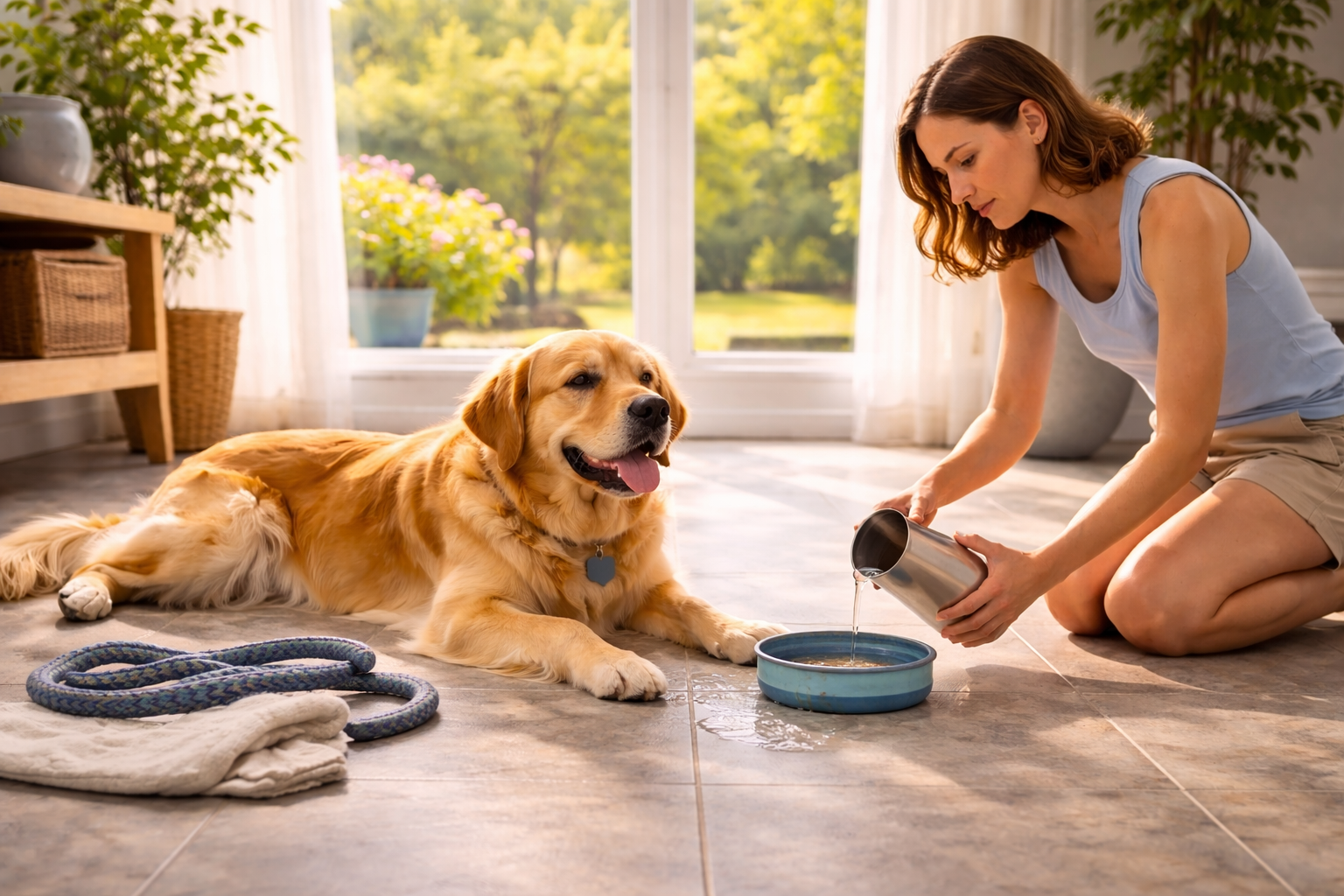 Pet sitter caring for dog indoors during summer.
