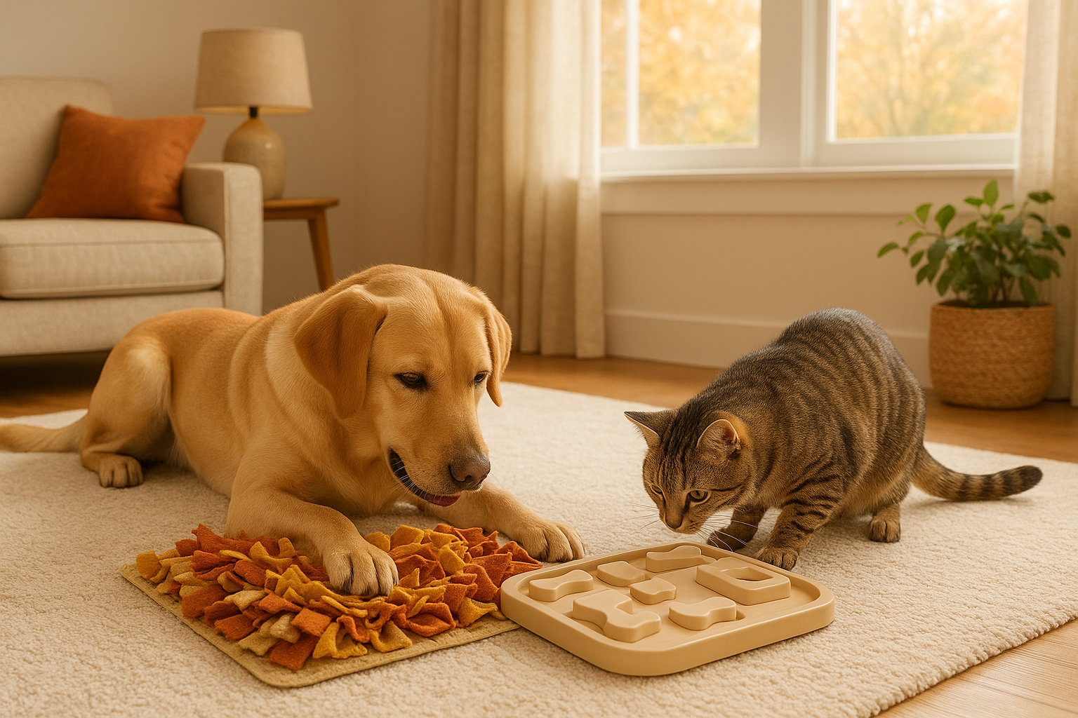 Indoor dog and cat enjoying enrichment activities in a Burlington, Milton and Oakville home.