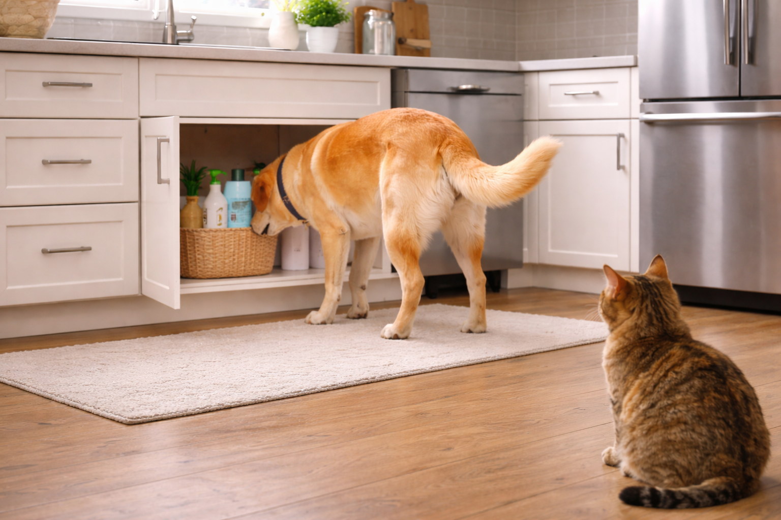 Dog and cat near safely stored cleaning supplies.
