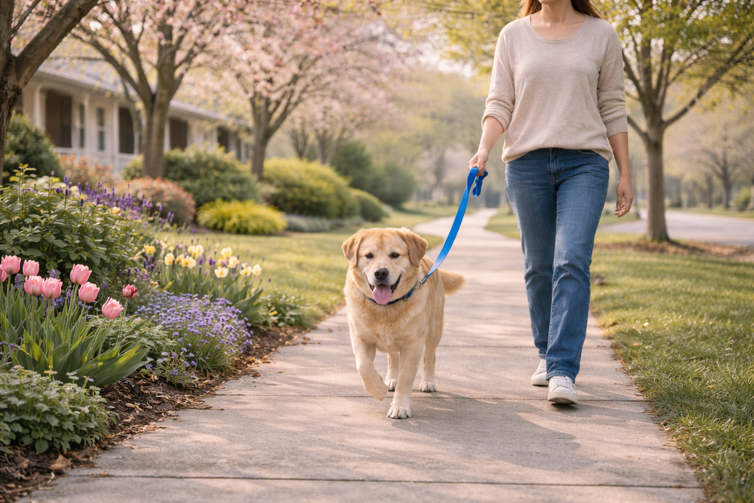 Pet sitter walking dog during spring in Burlington.