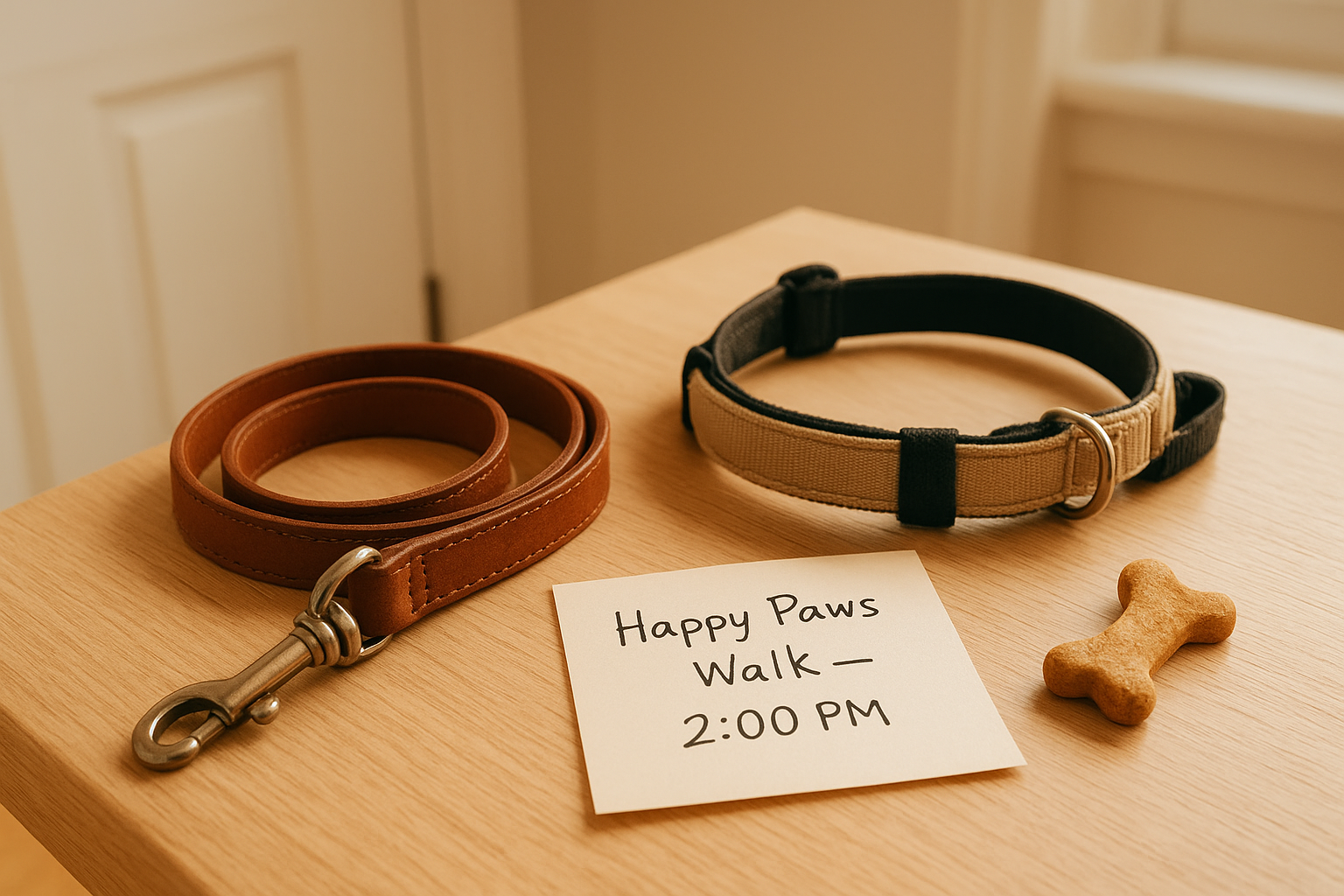 Leash and note ready by the door for a Happy Paws pet walk, symbolizing reliable pet care