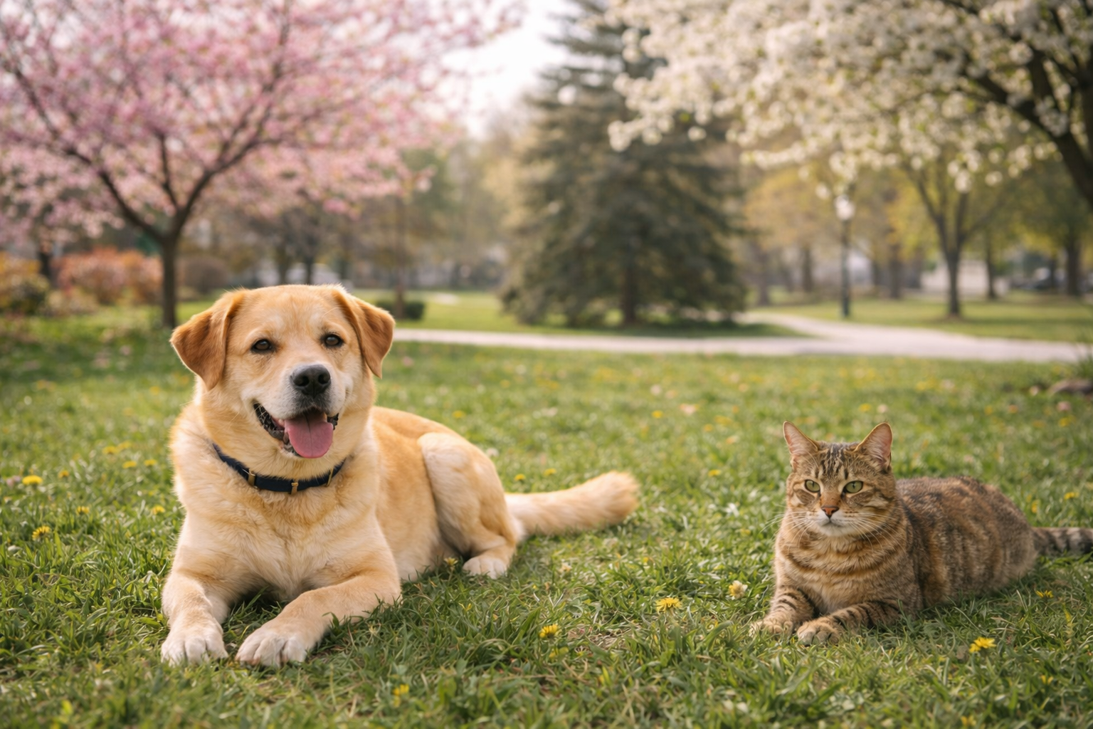 Dog and cat resting outdoors during spring allergy season.