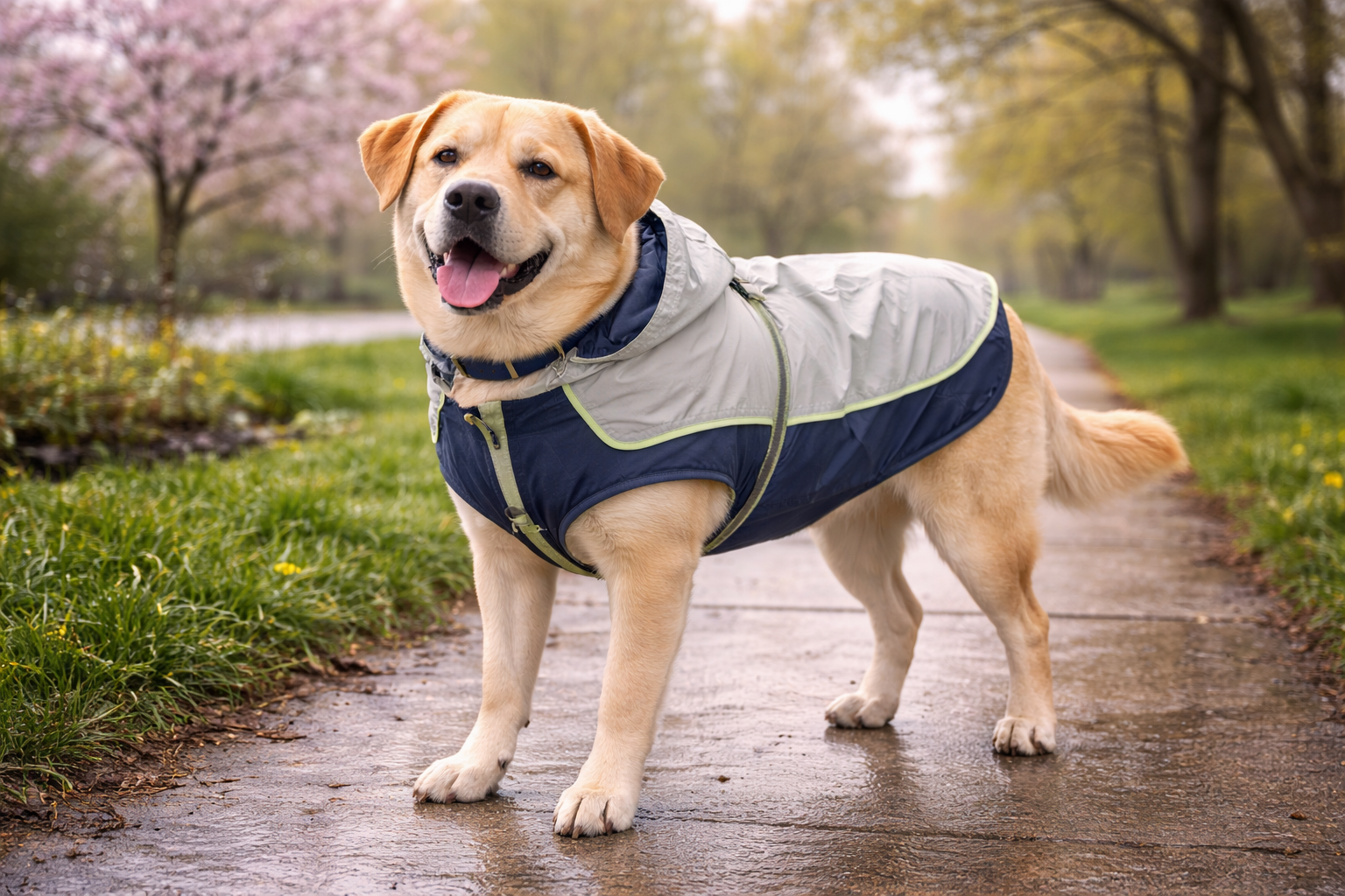 Dog wearing a rain jacket on a spring walk.