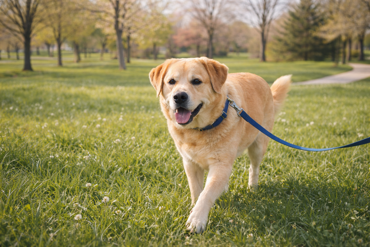 Dog walking through grassy park during spring.