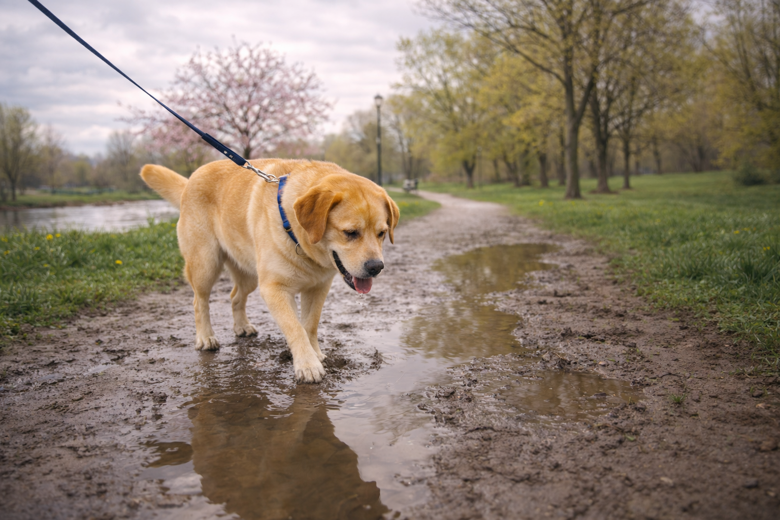 Dog walking on a muddy spring path in Burlington.