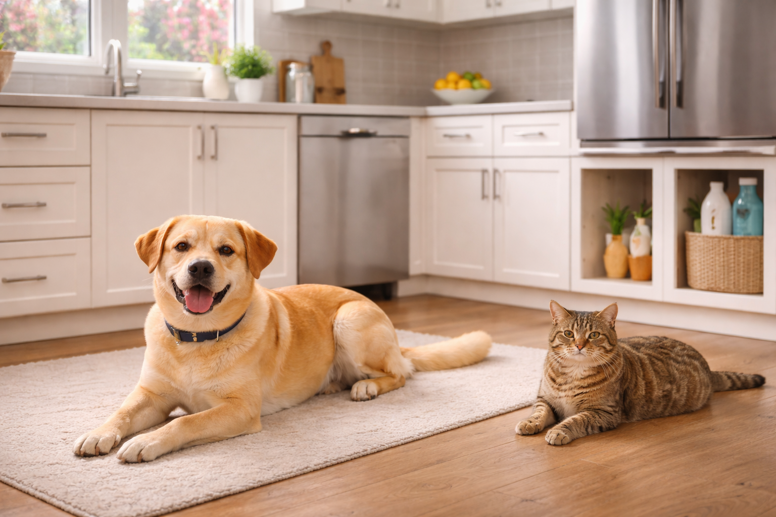 Dog and cat resting safely while cleaning supplies are stored away.