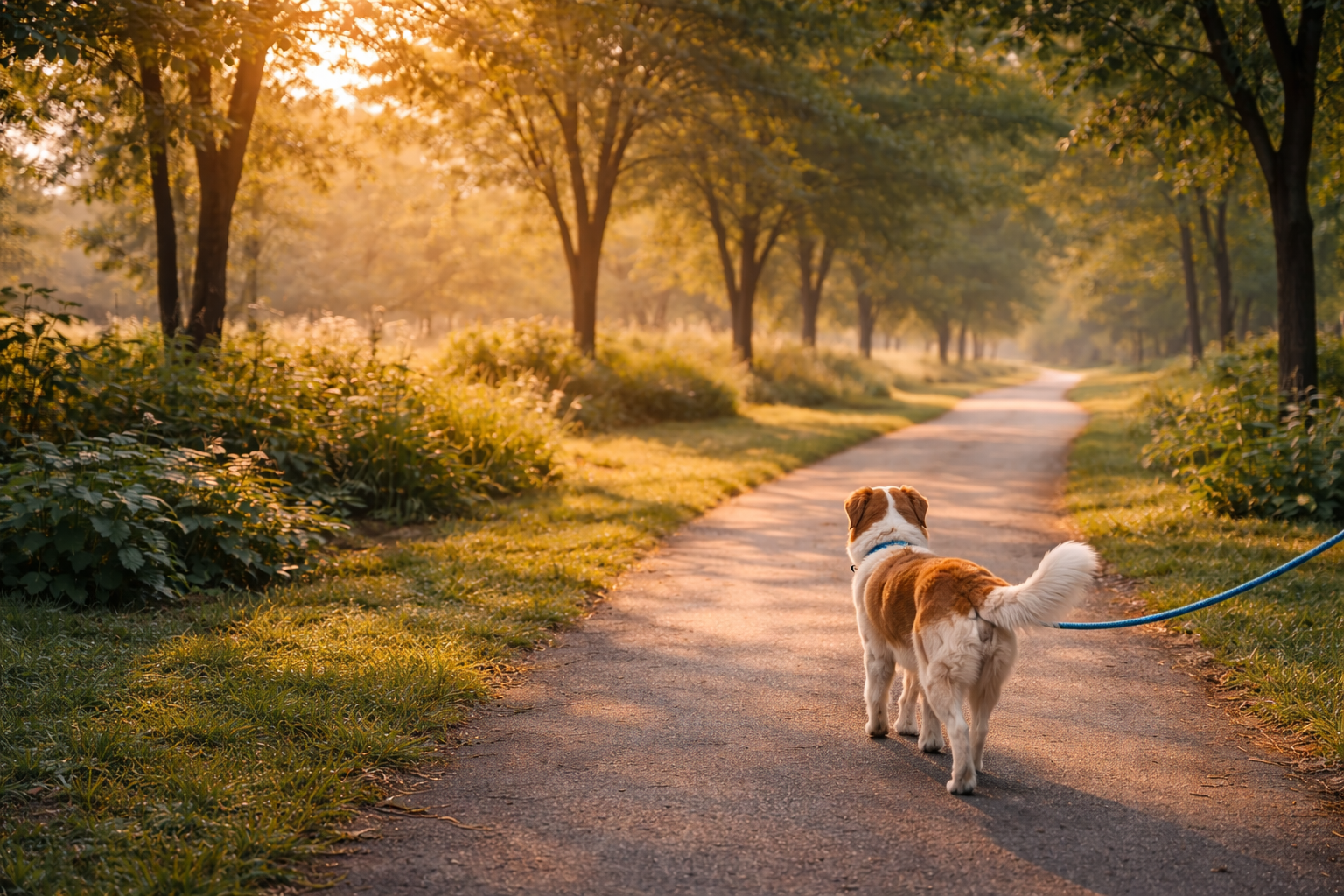 Dog walking on shaded path during summer morning.