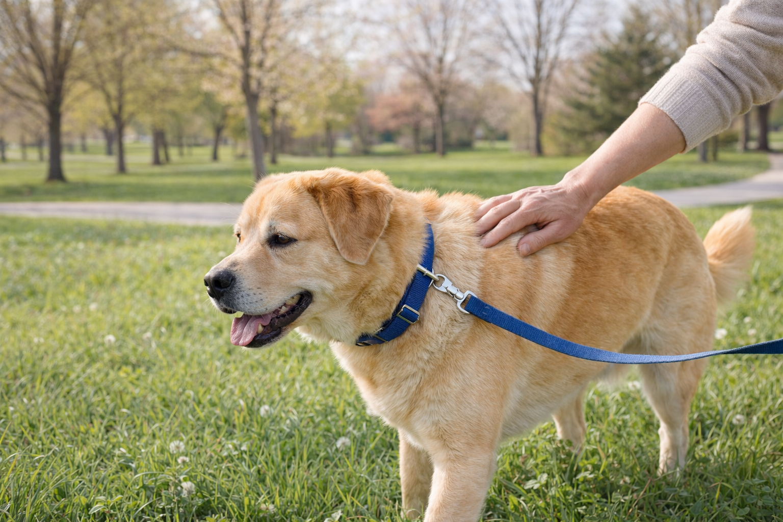 Dog being checked for ticks after a spring walk outdoors.