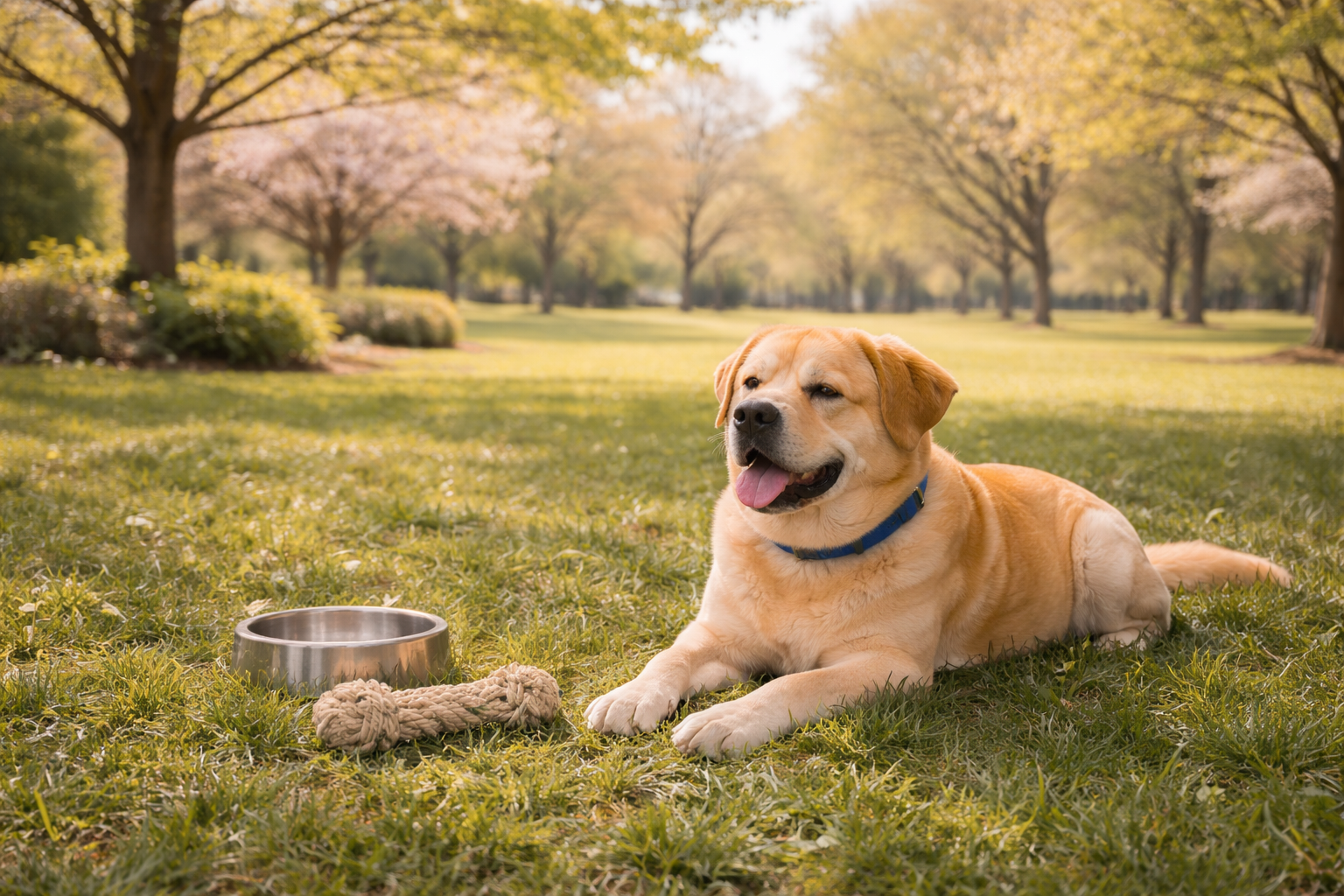 Dog resting in shade with water bowl during warm weather.