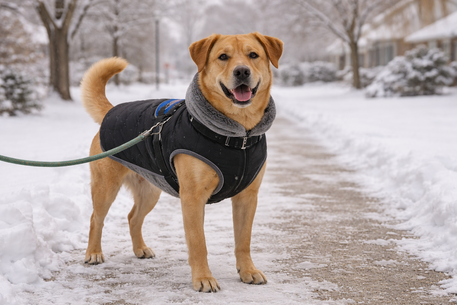 Dog wearing a winter coat before a cold weather walk.