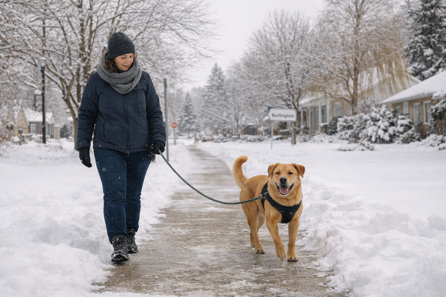 Dog walking safely on a snowy sidewalk in Burlington during winter.