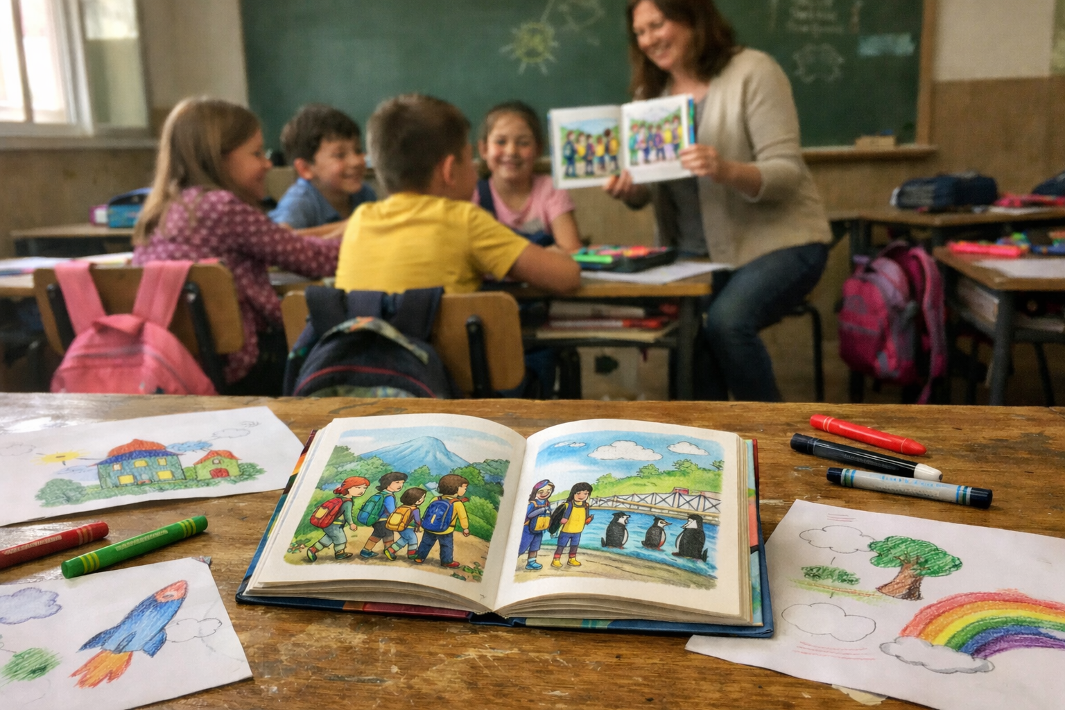 profesora explicando cuento a alumnos