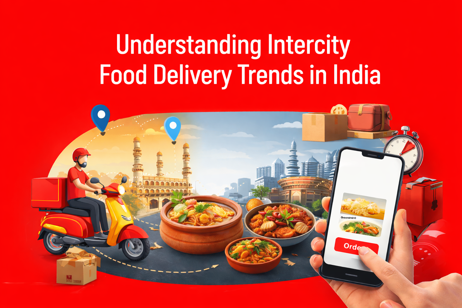 Illustration of intercity food delivery in India showing a rider on a scooter, city landmarks, packa