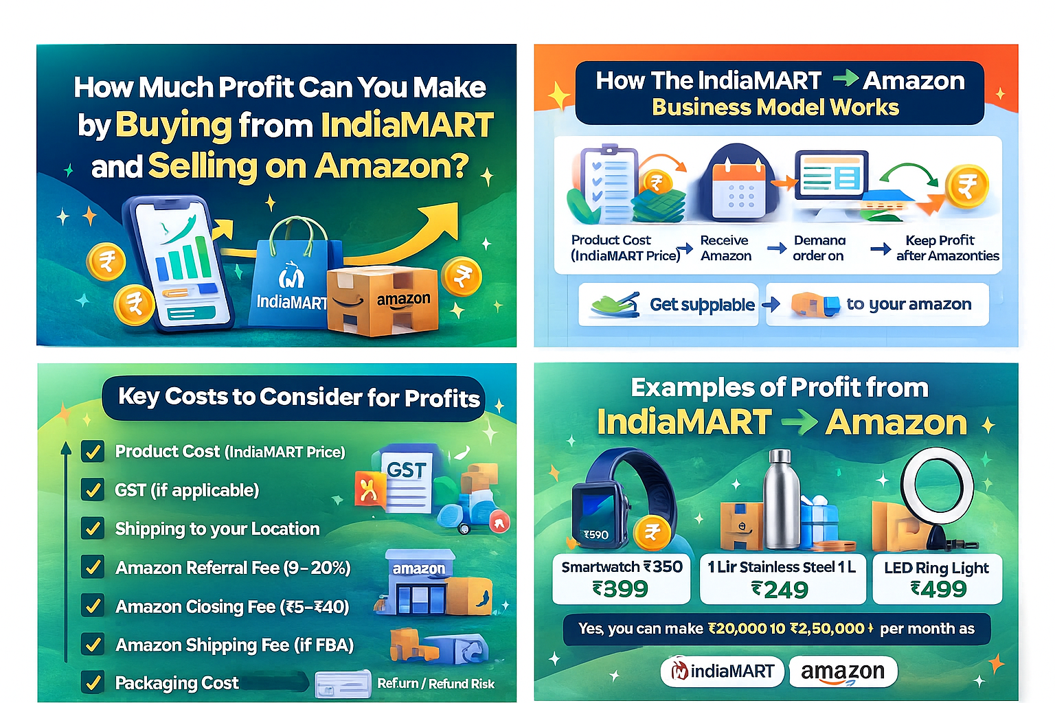 a series of four banners with a variety of products