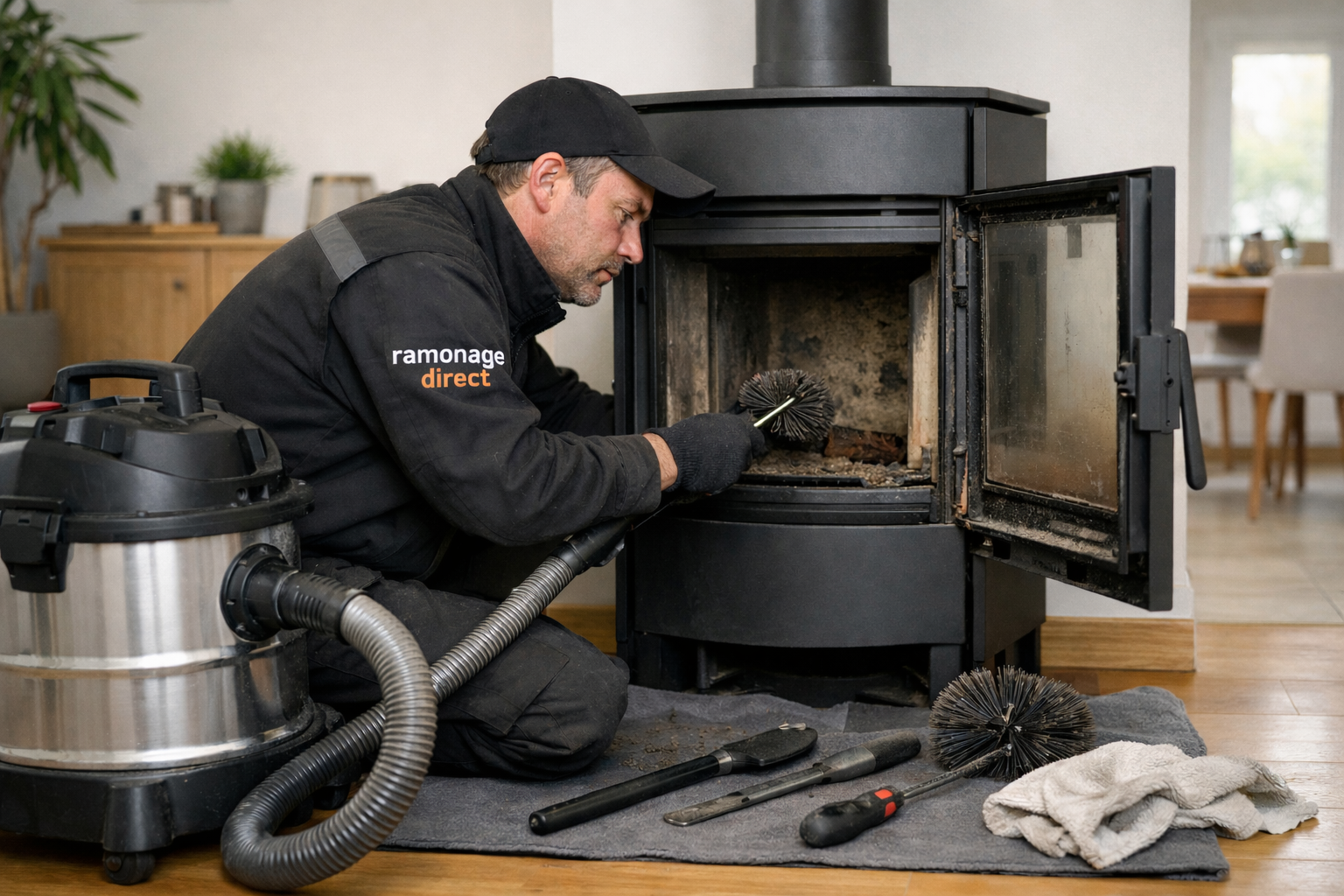 Ramoneur à Nantes réalisant le ramonage d’une cheminée à bois dans une maison individuelle